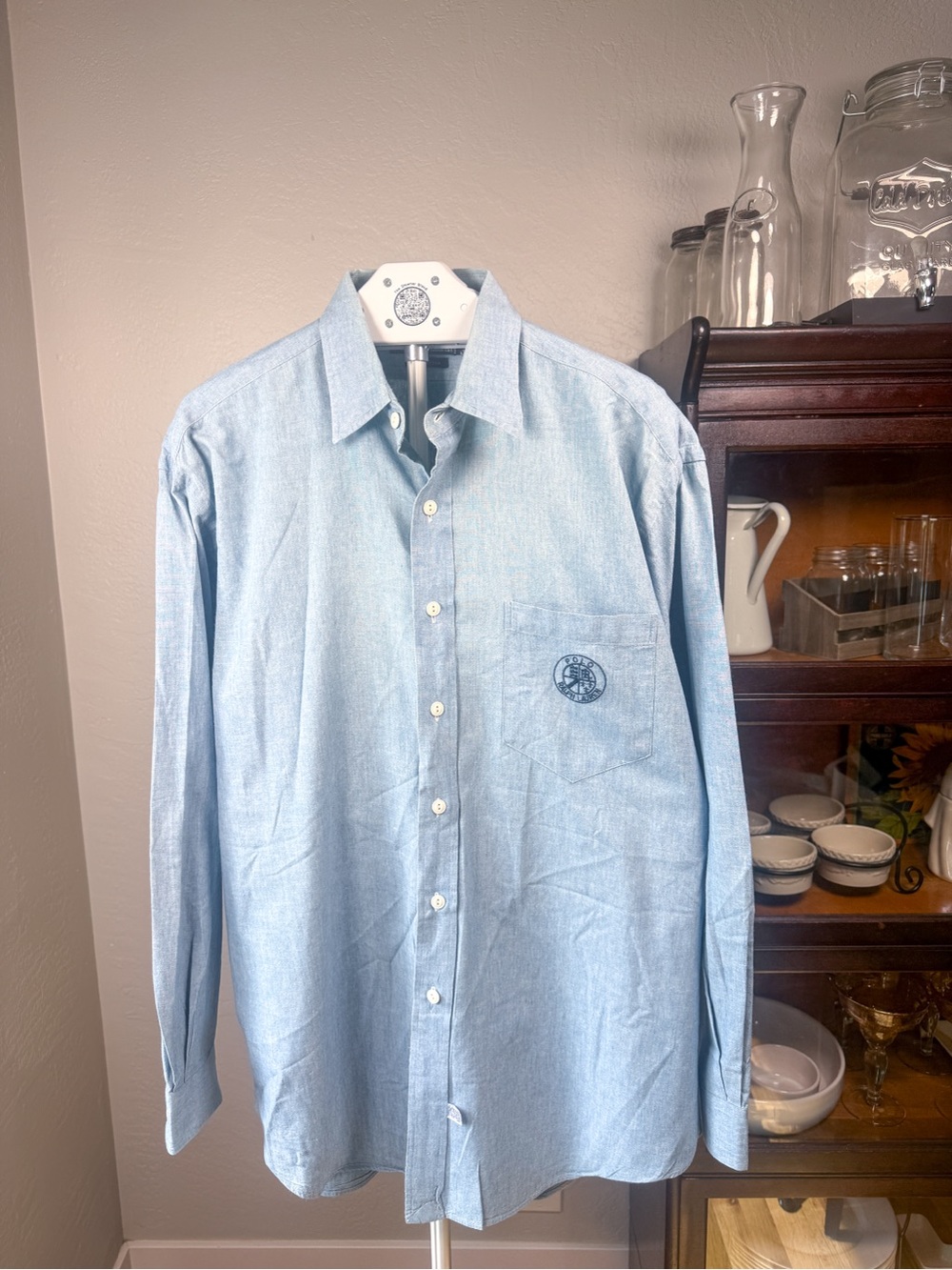 Vintage Polo Ralph Lauren Chambray Crest Shirt 100% Cotton Blue Size L